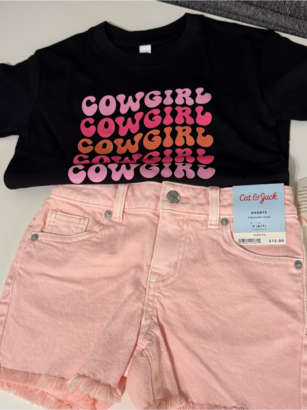 Cat & Jack Pink Denim Shorts with Black 'Cowgirl' Graphic Tee